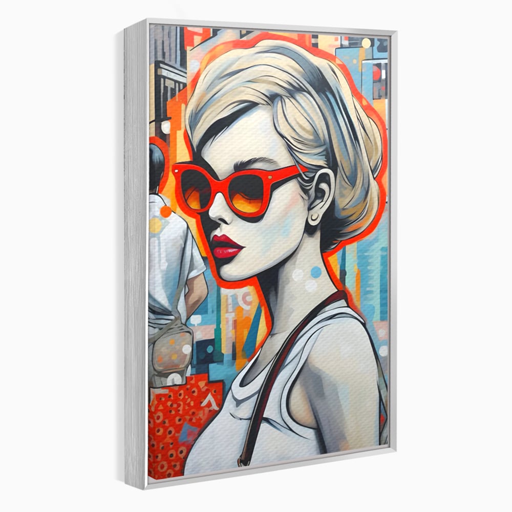 Leinwand Wand Kunst Leinwand Premium LuxCanva® C1139, Bild von schönen Mädchen, Farben, Stadt, Sonnenbrille, Wohnzimmer, Bar, entspannend, lebendige Farben
