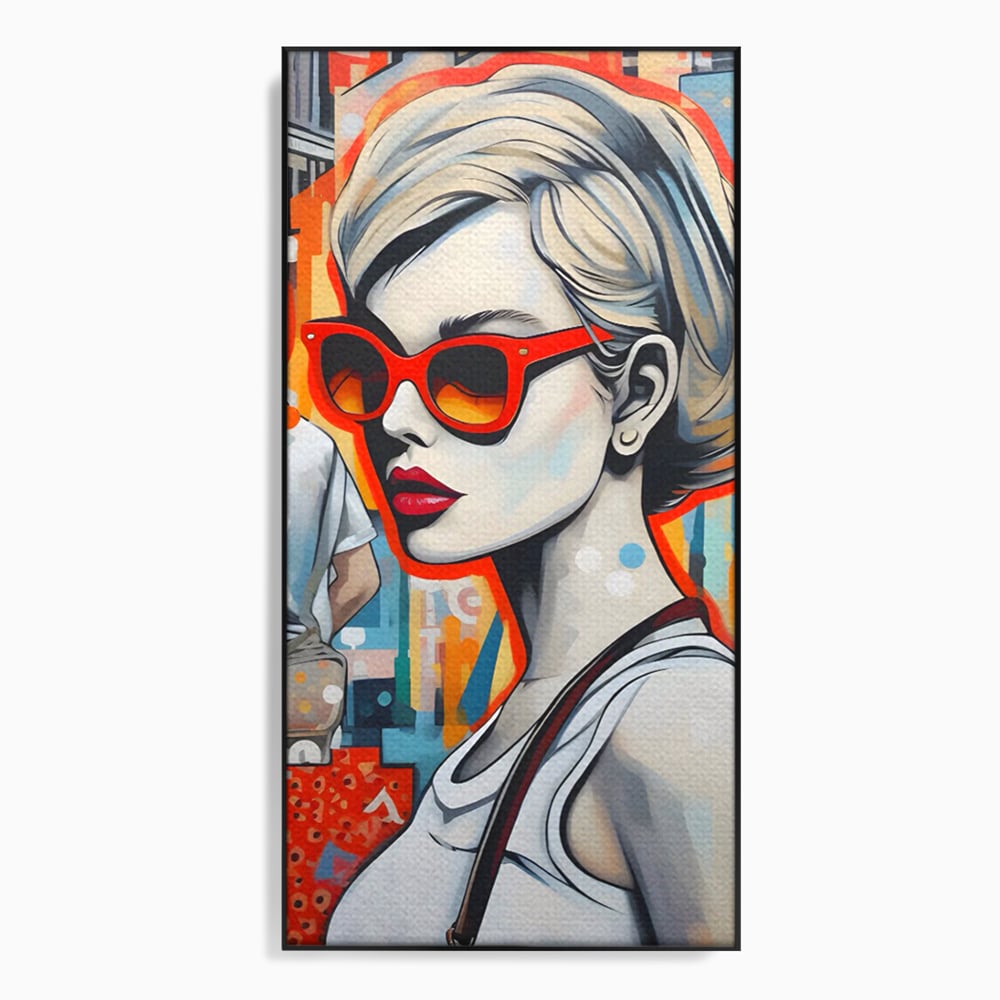 Leinwand Wand Kunst Leinwand Premium LuxCanva® C1139, Bild von schönen Mädchen, Farben, Stadt, Sonnenbrille, Wohnzimmer, Bar, entspannend, lebendige Farben