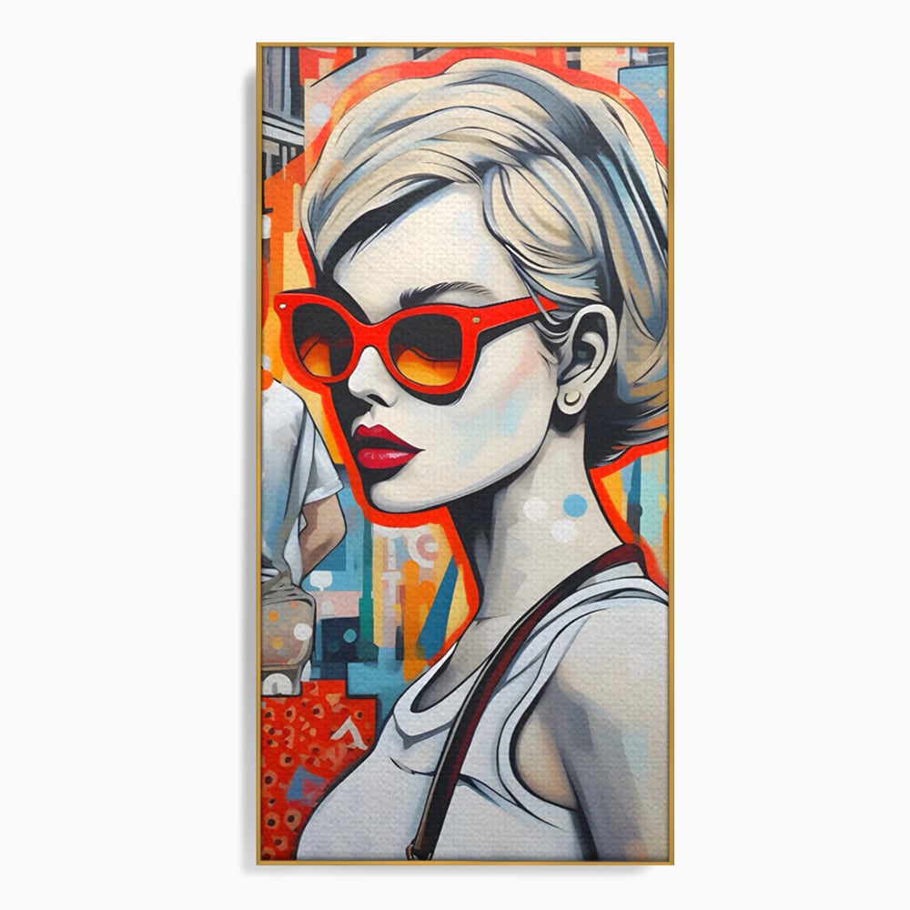Leinwand Wand Kunst Leinwand Premium LuxCanva® C1139, Bild von schönen Mädchen, Farben, Stadt, Sonnenbrille, Wohnzimmer, Bar, entspannend, lebendige Farben