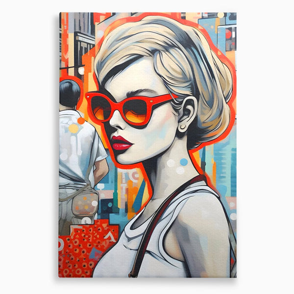 Leinwand Wand Kunst Leinwand Premium LuxCanva® C1139, Bild von schönen Mädchen, Farben, Stadt, Sonnenbrille, Wohnzimmer, Bar, entspannend, lebendige Farben