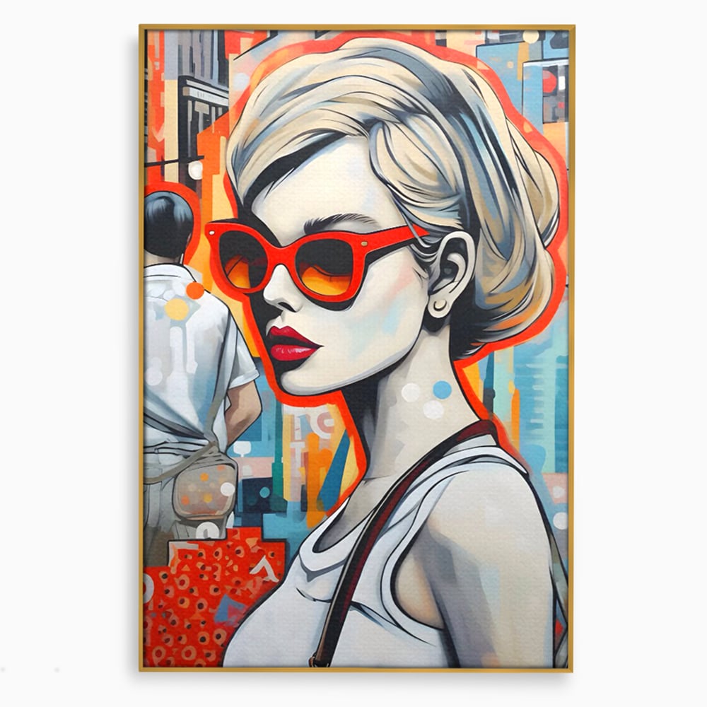 Leinwand Wand Kunst Leinwand Premium LuxCanva® C1139, Bild von schönen Mädchen, Farben, Stadt, Sonnenbrille, Wohnzimmer, Bar, entspannend, lebendige Farben