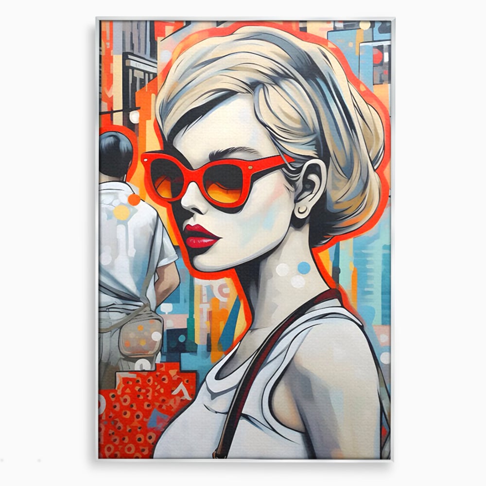 Leinwand Wand Kunst Leinwand Premium LuxCanva® C1139, Bild von schönen Mädchen, Farben, Stadt, Sonnenbrille, Wohnzimmer, Bar, entspannend, lebendige Farben