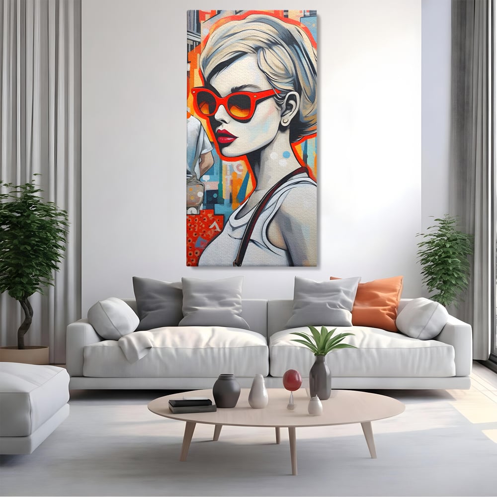 Leinwand Wand Kunst Leinwand Premium LuxCanva® C1139, Bild von schönen Mädchen, Farben, Stadt, Sonnenbrille, Wohnzimmer, Bar, entspannend, lebendige Farben
