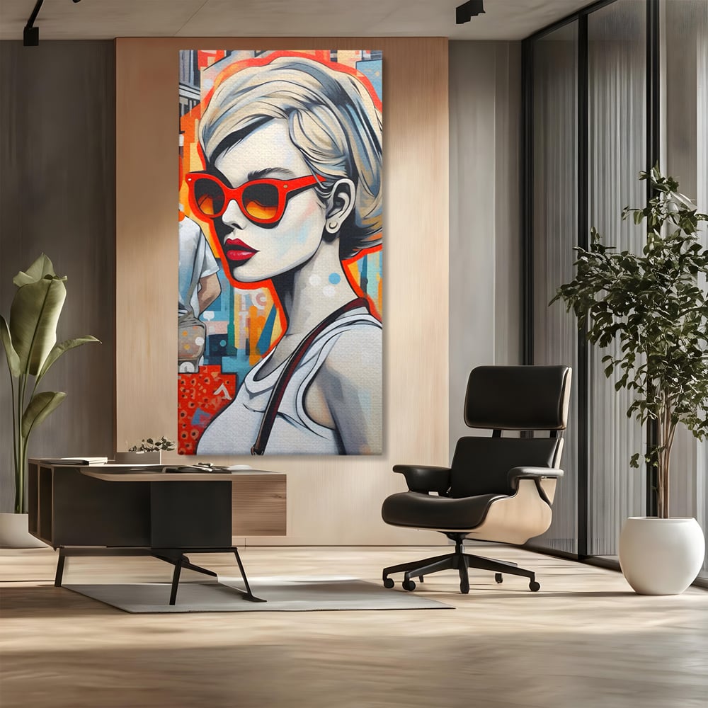 Leinwand Wand Kunst Leinwand Premium LuxCanva® C1139, Bild von schönen Mädchen, Farben, Stadt, Sonnenbrille, Wohnzimmer, Bar, entspannend, lebendige Farben