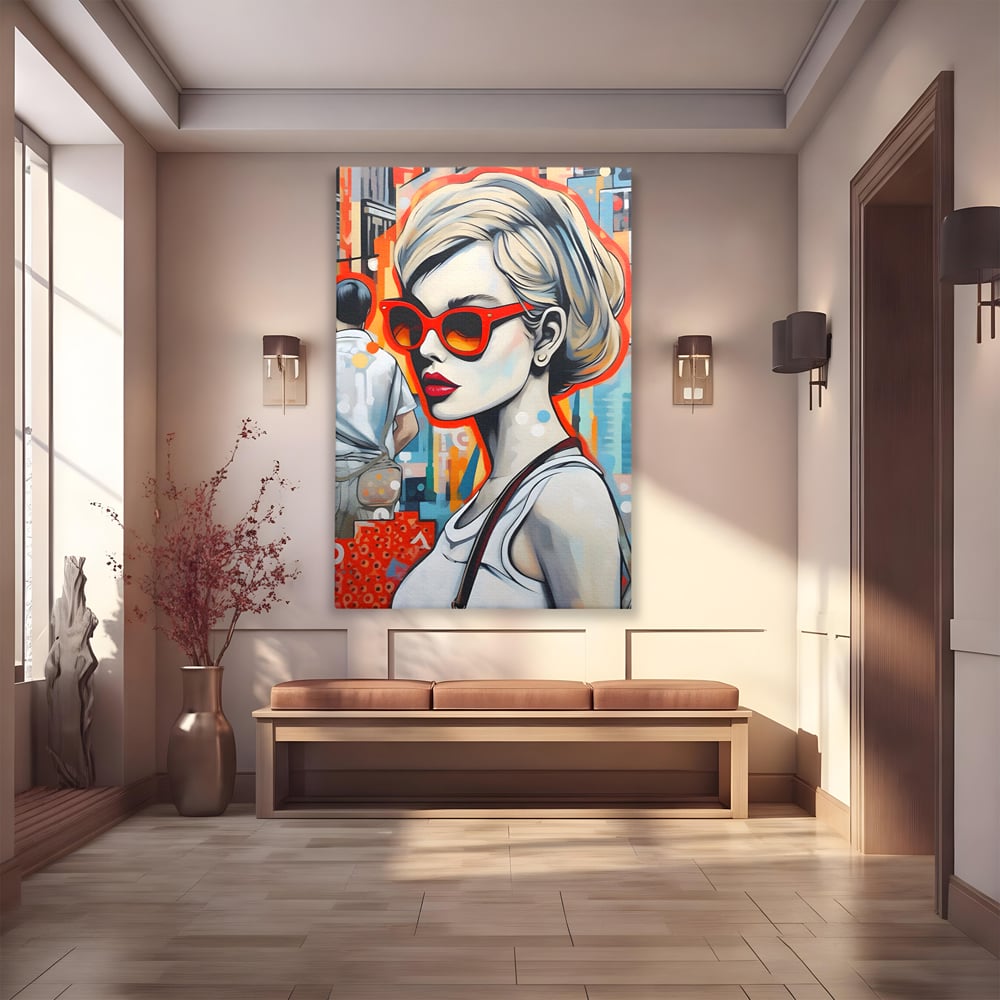 Leinwand Wand Kunst Leinwand Premium LuxCanva® C1139, Bild von schönen Mädchen, Farben, Stadt, Sonnenbrille, Wohnzimmer, Bar, entspannend, lebendige Farben