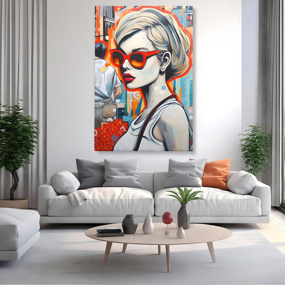 Leinwand Wand Kunst Leinwand Premium LuxCanva® C1139, Bild von schönen Mädchen, Farben, Stadt, Sonnenbrille, Wohnzimmer, Bar, entspannend, lebendige Farben