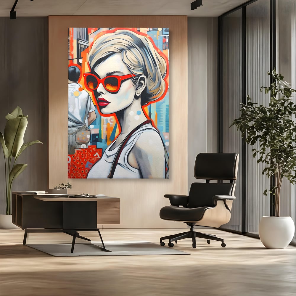 Leinwand Wand Kunst Leinwand Premium LuxCanva® C1139, Bild von schönen Mädchen, Farben, Stadt, Sonnenbrille, Wohnzimmer, Bar, entspannend, lebendige Farben