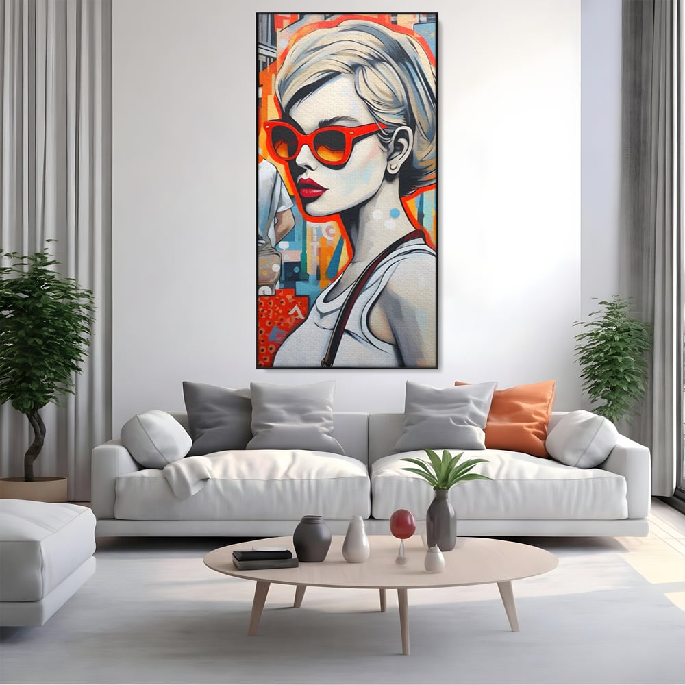 Leinwand Wand Kunst Leinwand Premium LuxCanva® C1139, Bild von schönen Mädchen, Farben, Stadt, Sonnenbrille, Wohnzimmer, Bar, entspannend, lebendige Farben
