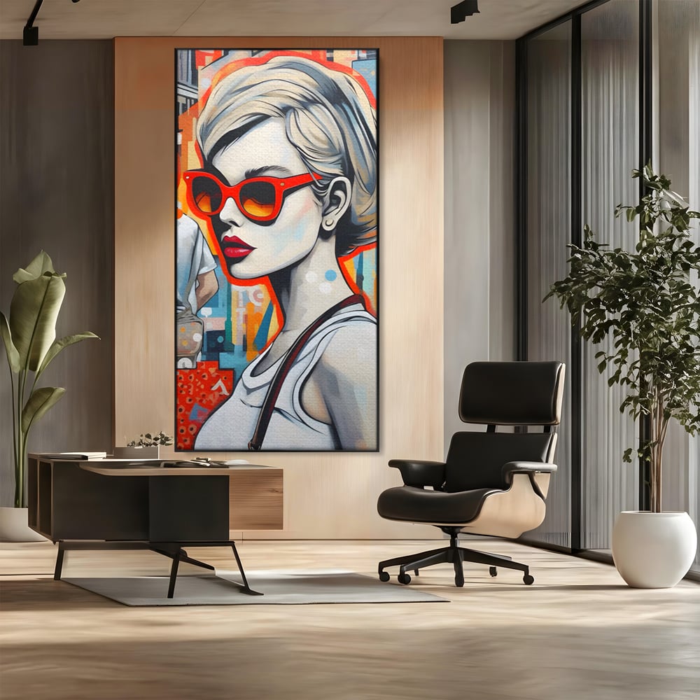 Leinwand Wand Kunst Leinwand Premium LuxCanva® C1139, Bild von schönen Mädchen, Farben, Stadt, Sonnenbrille, Wohnzimmer, Bar, entspannend, lebendige Farben