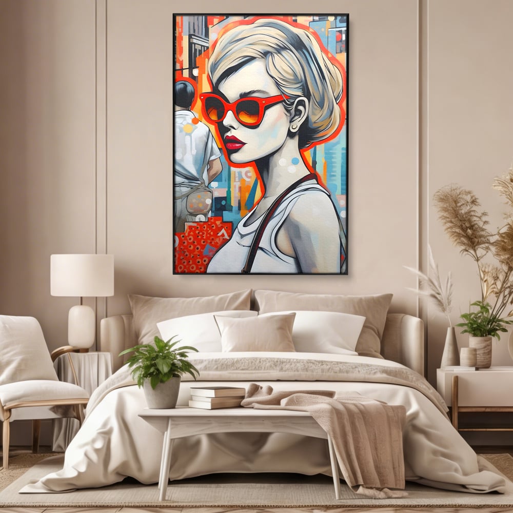 Leinwand Wand Kunst Leinwand Premium LuxCanva® C1139, Bild von schönen Mädchen, Farben, Stadt, Sonnenbrille, Wohnzimmer, Bar, entspannend, lebendige Farben