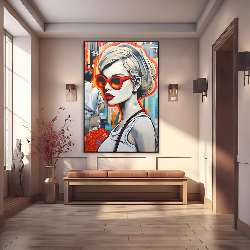 Leinwand Wand Kunst Leinwand Premium LuxCanva® C1139, Bild von schönen Mädchen, Farben, Stadt, Sonnenbrille, Wohnzimmer, Bar, entspannend, lebendige Farben
