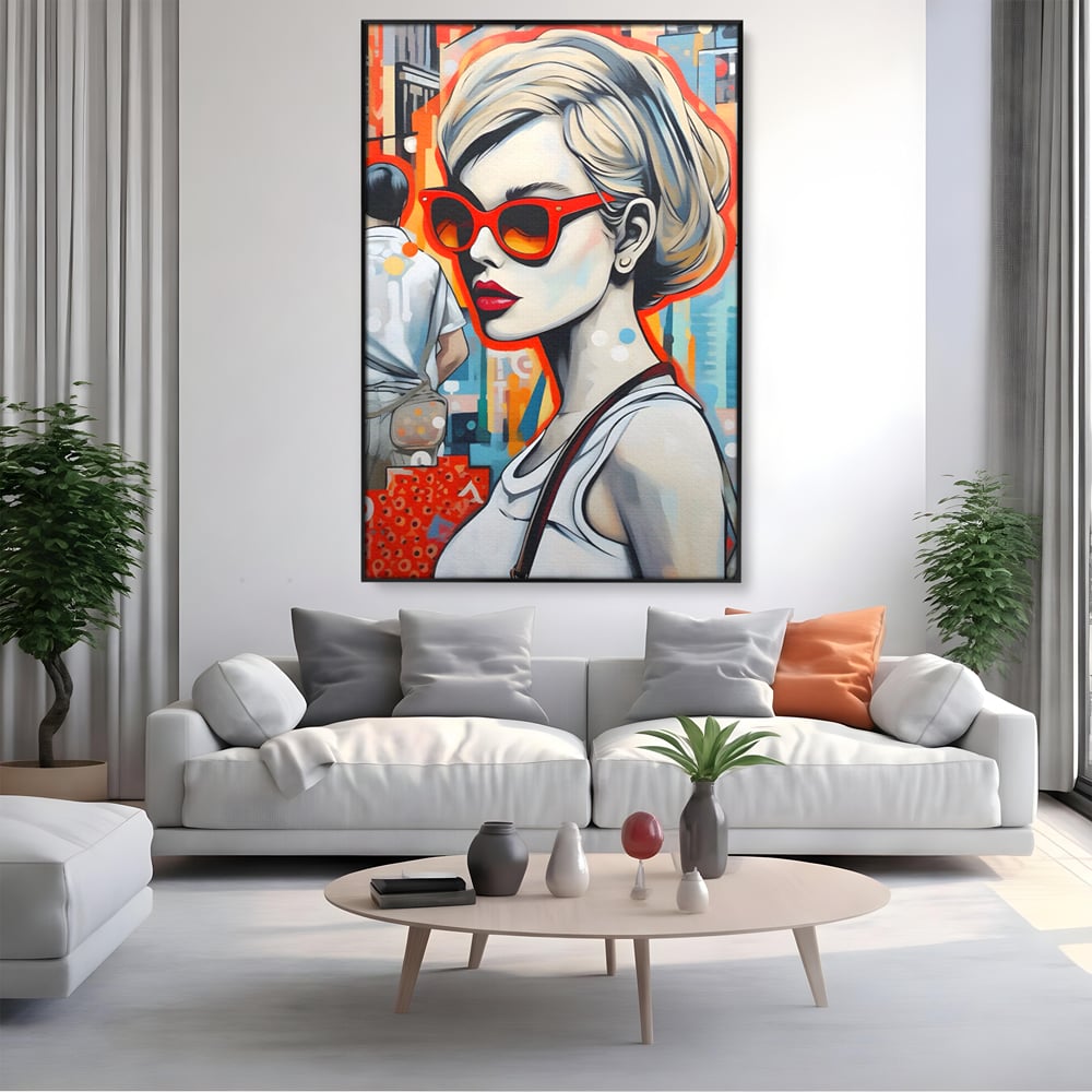 Leinwand Wand Kunst Leinwand Premium LuxCanva® C1139, Bild von schönen Mädchen, Farben, Stadt, Sonnenbrille, Wohnzimmer, Bar, entspannend, lebendige Farben