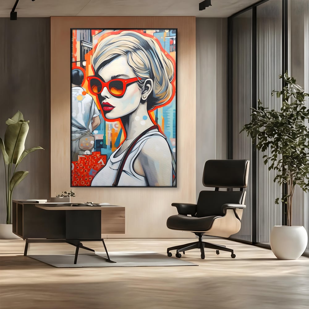 Leinwand Wand Kunst Leinwand Premium LuxCanva® C1139, Bild von schönen Mädchen, Farben, Stadt, Sonnenbrille, Wohnzimmer, Bar, entspannend, lebendige Farben