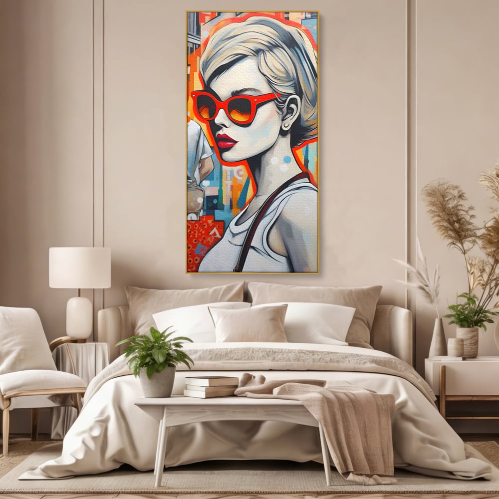 Leinwand Wand Kunst Leinwand Premium LuxCanva® C1139, Bild von schönen Mädchen, Farben, Stadt, Sonnenbrille, Wohnzimmer, Bar, entspannend, lebendige Farben