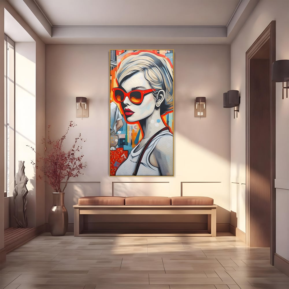 Leinwand Wand Kunst Leinwand Premium LuxCanva® C1139, Bild von schönen Mädchen, Farben, Stadt, Sonnenbrille, Wohnzimmer, Bar, entspannend, lebendige Farben