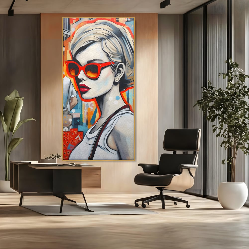 Leinwand Wand Kunst Leinwand Premium LuxCanva® C1139, Bild von schönen Mädchen, Farben, Stadt, Sonnenbrille, Wohnzimmer, Bar, entspannend, lebendige Farben
