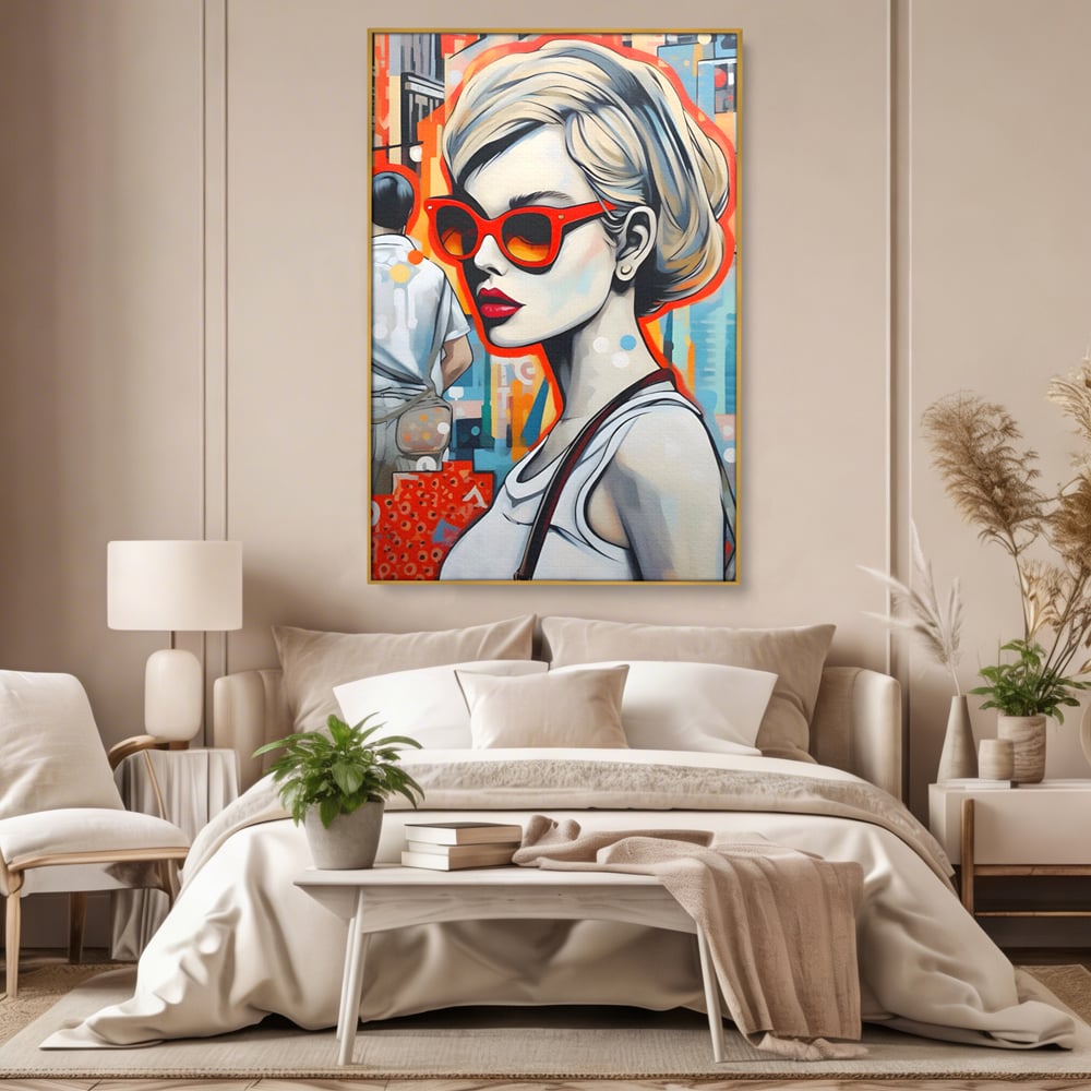 Leinwand Wand Kunst Leinwand Premium LuxCanva® C1139, Bild von schönen Mädchen, Farben, Stadt, Sonnenbrille, Wohnzimmer, Bar, entspannend, lebendige Farben