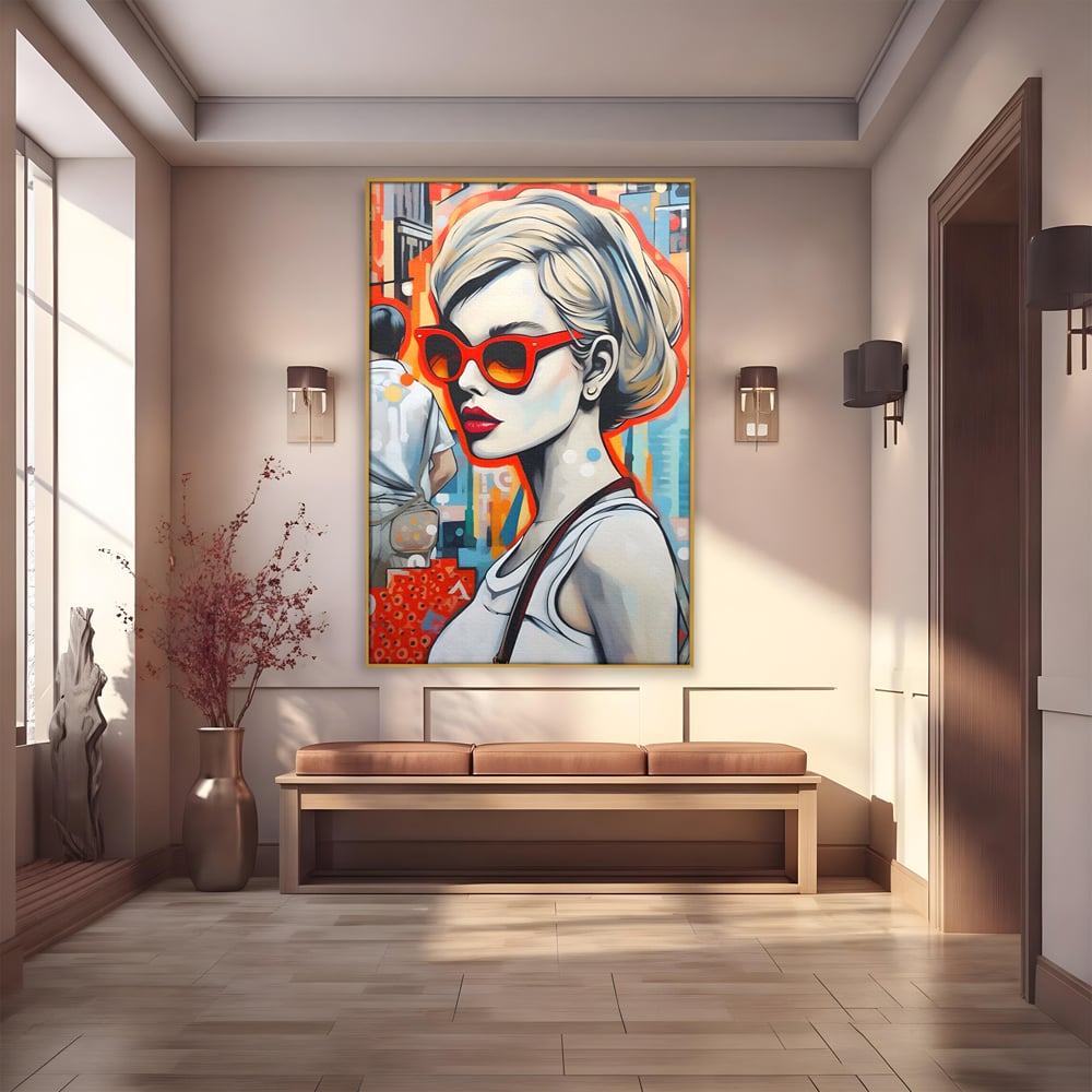 Leinwand Wand Kunst Leinwand Premium LuxCanva® C1139, Bild von schönen Mädchen, Farben, Stadt, Sonnenbrille, Wohnzimmer, Bar, entspannend, lebendige Farben