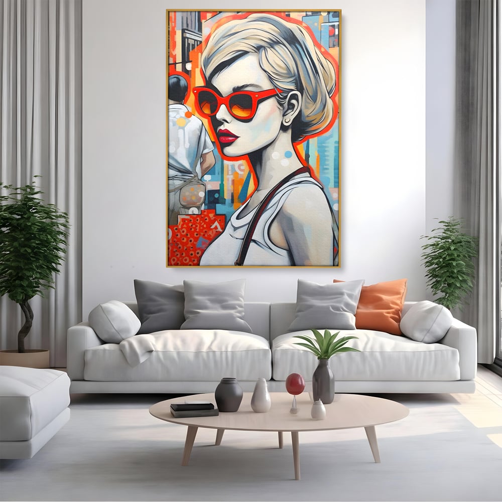 Leinwand Wand Kunst Leinwand Premium LuxCanva® C1139, Bild von schönen Mädchen, Farben, Stadt, Sonnenbrille, Wohnzimmer, Bar, entspannend, lebendige Farben