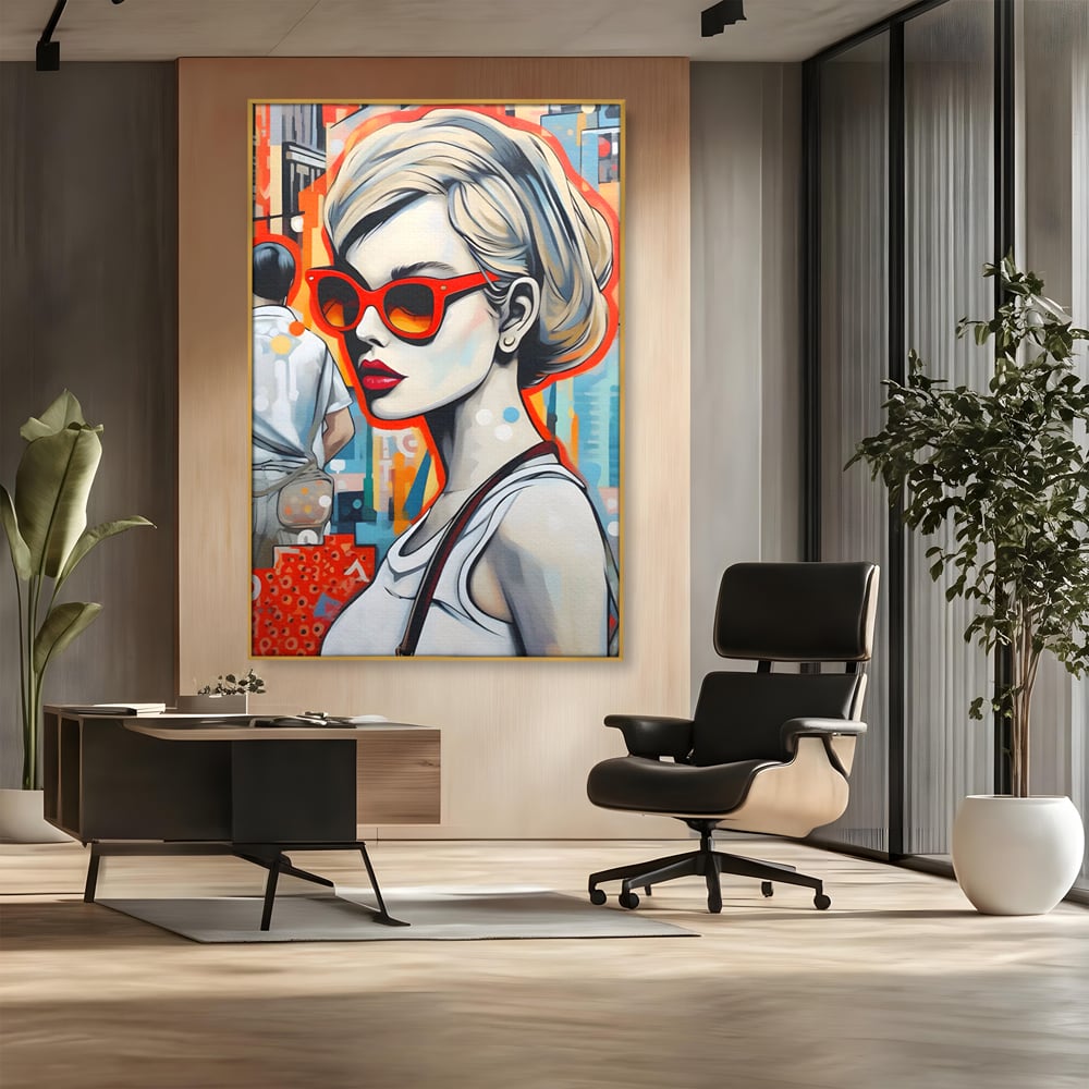 Leinwand Wand Kunst Leinwand Premium LuxCanva® C1139, Bild von schönen Mädchen, Farben, Stadt, Sonnenbrille, Wohnzimmer, Bar, entspannend, lebendige Farben