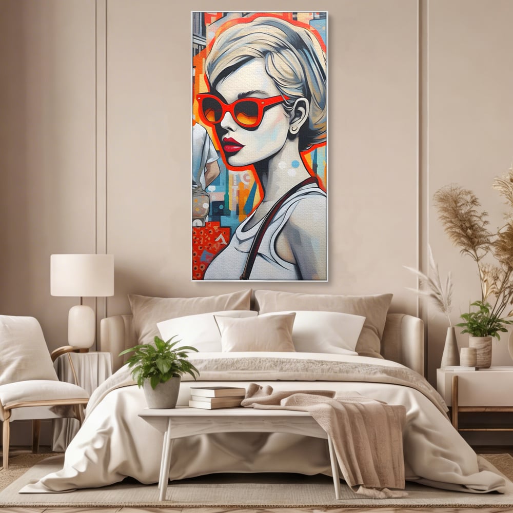 Leinwand Wand Kunst Leinwand Premium LuxCanva® C1139, Bild von schönen Mädchen, Farben, Stadt, Sonnenbrille, Wohnzimmer, Bar, entspannend, lebendige Farben