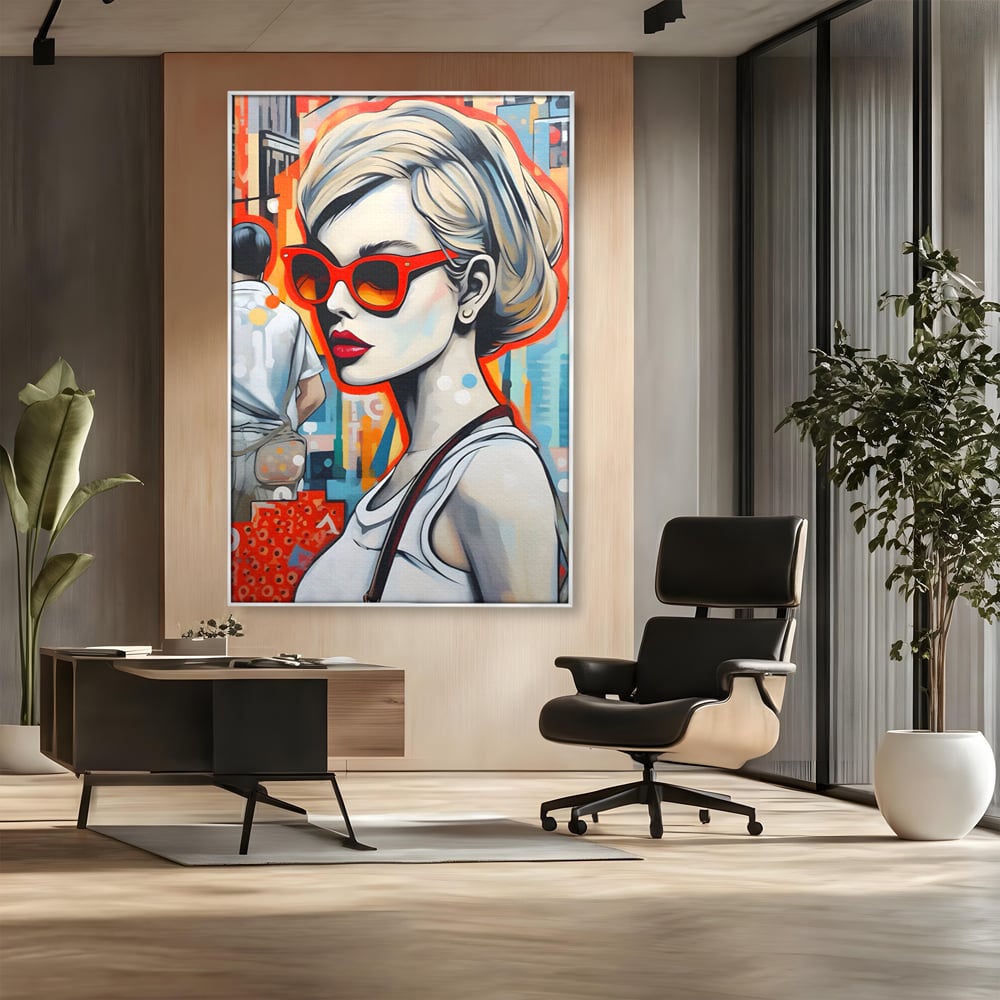 Leinwand Wand Kunst Leinwand Premium LuxCanva® C1139, Bild von schönen Mädchen, Farben, Stadt, Sonnenbrille, Wohnzimmer, Bar, entspannend, lebendige Farben
