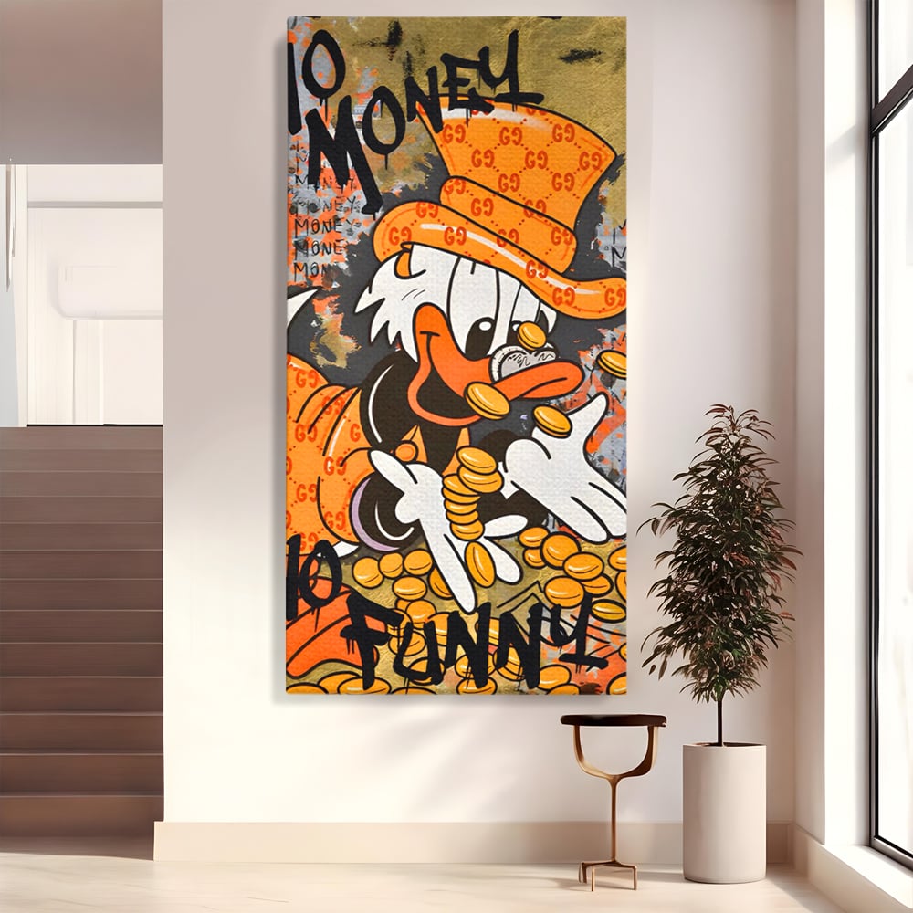 Leinwand Premium Canvas Wandkunst, LuxCanva® C1150, Donald Counting Money, Farben, Cartoon, glücklich, glücklich, Geld, Wohnzimmer, entspannend, lebendige Farben