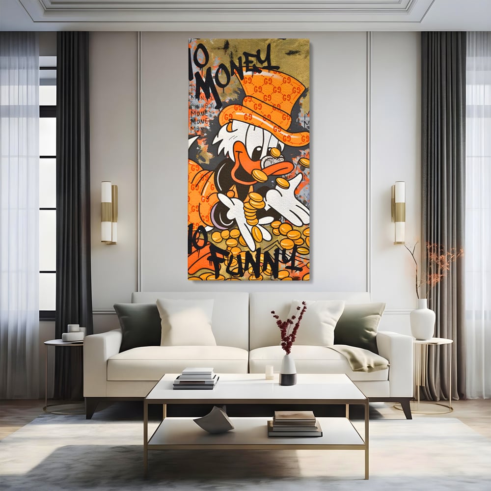 Leinwand Premium Canvas Wandkunst, LuxCanva® C1150, Donald Counting Money, Farben, Cartoon, glücklich, glücklich, Geld, Wohnzimmer, entspannend, lebendige Farben