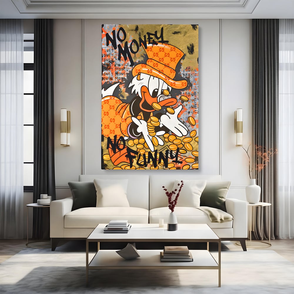 Leinwand Premium Canvas Wandkunst, LuxCanva® C1150, Donald Counting Money, Farben, Cartoon, glücklich, glücklich, Geld, Wohnzimmer, entspannend, lebendige Farben