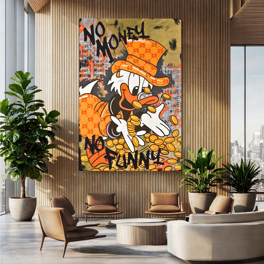 Leinwand Premium Canvas Wandkunst, LuxCanva® C1150, Donald Counting Money, Farben, Cartoon, glücklich, glücklich, Geld, Wohnzimmer, entspannend, lebendige Farben