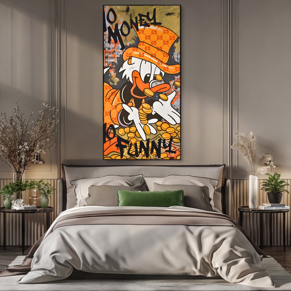 Leinwand Premium Canvas Wandkunst, LuxCanva® C1150, Donald Counting Money, Farben, Cartoon, glücklich, glücklich, Geld, Wohnzimmer, entspannend, lebendige Farben