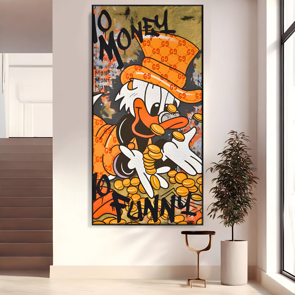 Leinwand Premium Canvas Wandkunst, LuxCanva® C1150, Donald Counting Money, Farben, Cartoon, glücklich, glücklich, Geld, Wohnzimmer, entspannend, lebendige Farben