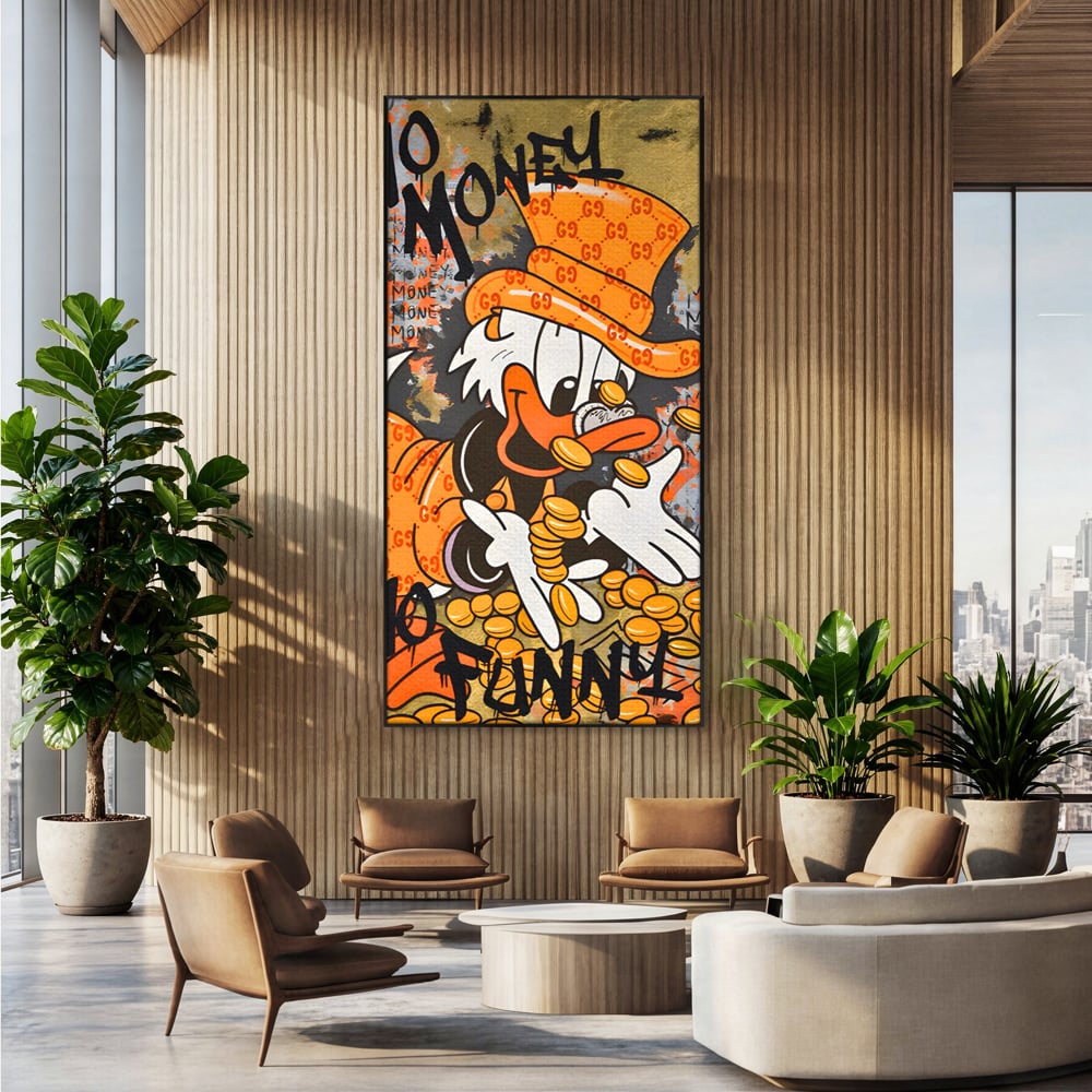 Leinwand Premium Canvas Wandkunst, LuxCanva® C1150, Donald Counting Money, Farben, Cartoon, glücklich, glücklich, Geld, Wohnzimmer, entspannend, lebendige Farben