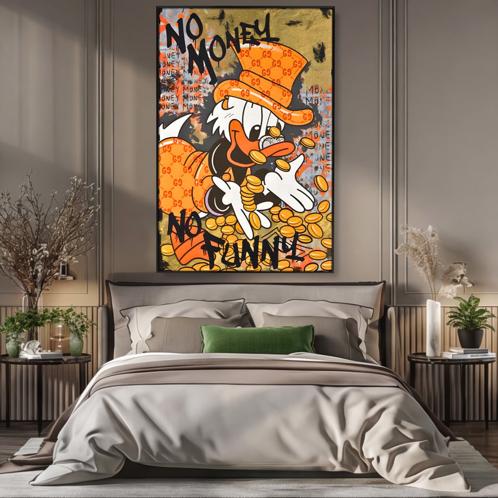 Leinwand Premium Canvas Wandkunst, LuxCanva® C1150, Donald Counting Money, Farben, Cartoon, glücklich, glücklich, Geld, Wohnzimmer, entspannend, lebendige Farben