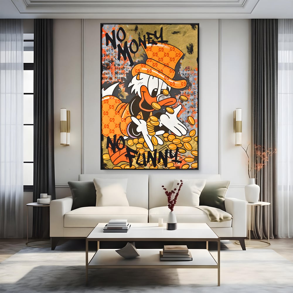 Leinwand Premium Canvas Wandkunst, LuxCanva® C1150, Donald Counting Money, Farben, Cartoon, glücklich, glücklich, Geld, Wohnzimmer, entspannend, lebendige Farben