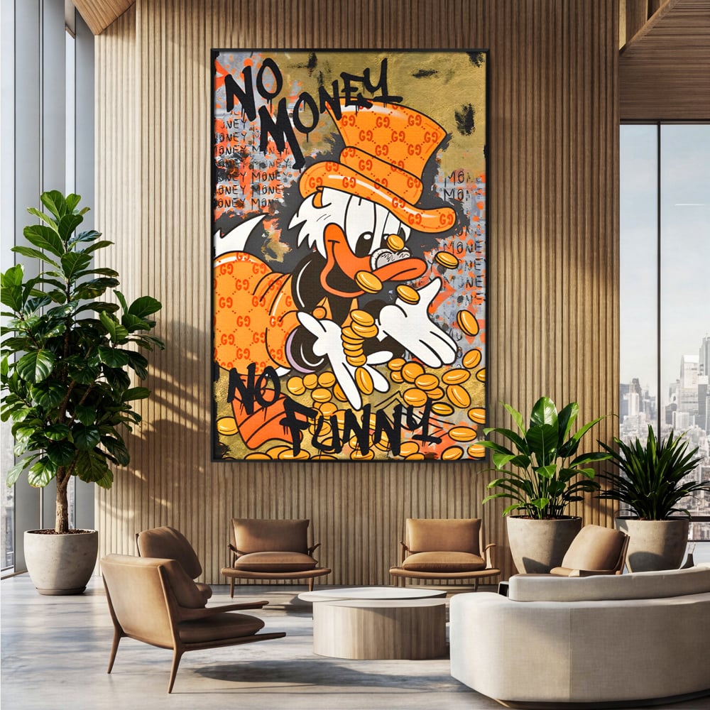 Leinwand Premium Canvas Wandkunst, LuxCanva® C1150, Donald Counting Money, Farben, Cartoon, glücklich, glücklich, Geld, Wohnzimmer, entspannend, lebendige Farben