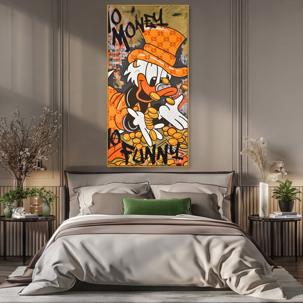 Leinwand Premium Canvas Wandkunst, LuxCanva® C1150, Donald Counting Money, Farben, Cartoon, glücklich, glücklich, Geld, Wohnzimmer, entspannend, lebendige Farben