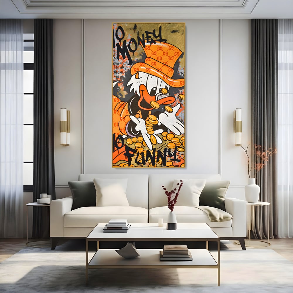 Leinwand Premium Canvas Wandkunst, LuxCanva® C1150, Donald Counting Money, Farben, Cartoon, glücklich, glücklich, Geld, Wohnzimmer, entspannend, lebendige Farben