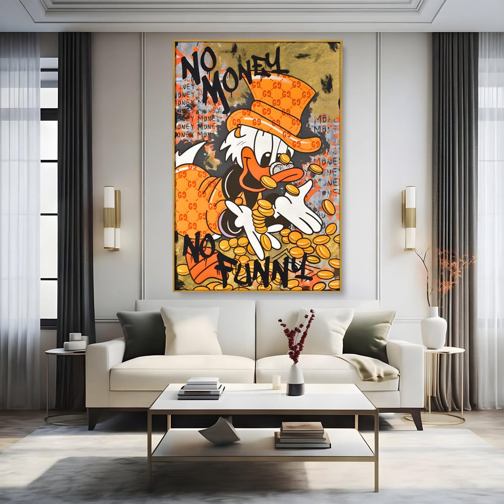Leinwand Premium Canvas Wandkunst, LuxCanva® C1150, Donald Counting Money, Farben, Cartoon, glücklich, glücklich, Geld, Wohnzimmer, entspannend, lebendige Farben