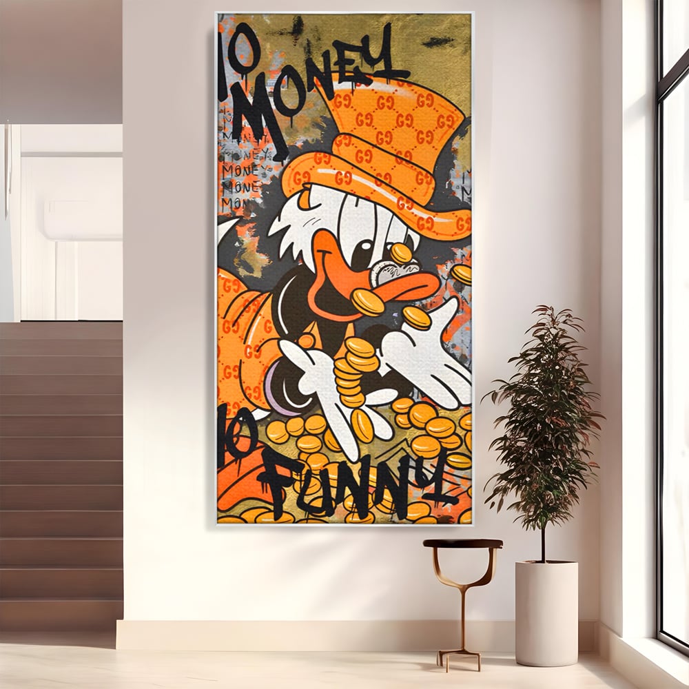 Leinwand Premium Canvas Wandkunst, LuxCanva® C1150, Donald Counting Money, Farben, Cartoon, glücklich, glücklich, Geld, Wohnzimmer, entspannend, lebendige Farben