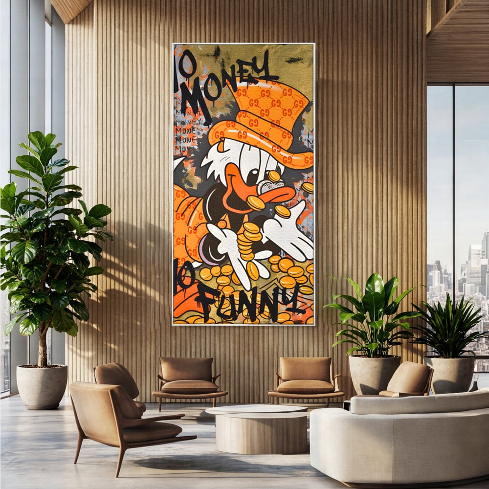 Leinwand Premium Canvas Wandkunst, LuxCanva® C1150, Donald Counting Money, Farben, Cartoon, glücklich, glücklich, Geld, Wohnzimmer, entspannend, lebendige Farben