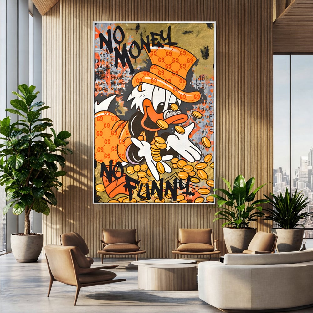 Leinwand Premium Canvas Wandkunst, LuxCanva® C1150, Donald Counting Money, Farben, Cartoon, glücklich, glücklich, Geld, Wohnzimmer, entspannend, lebendige Farben