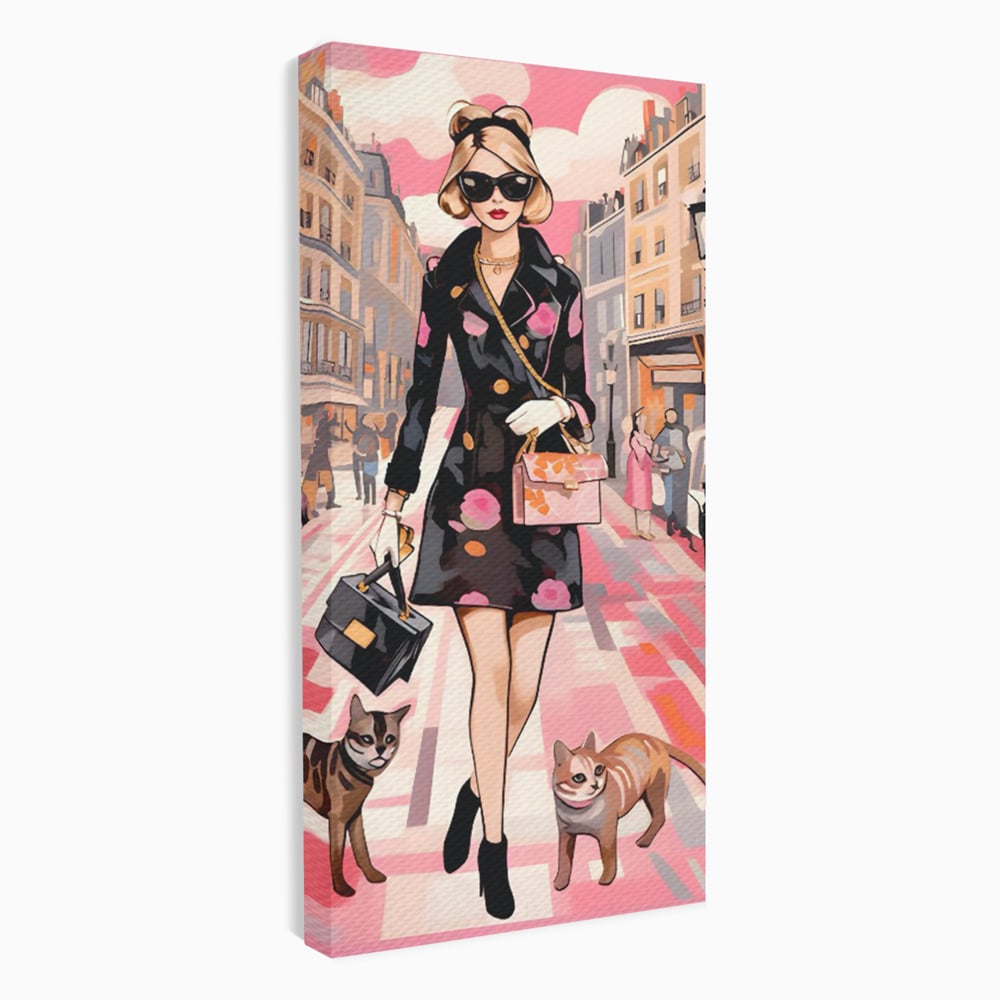 Tablou Canvas Premium LuxCanva® C1151, Lady Walking With Cats , Culori, Fashion, Animals, Beauty, Living Room, Bar, Relaxare, Culori Vibrante