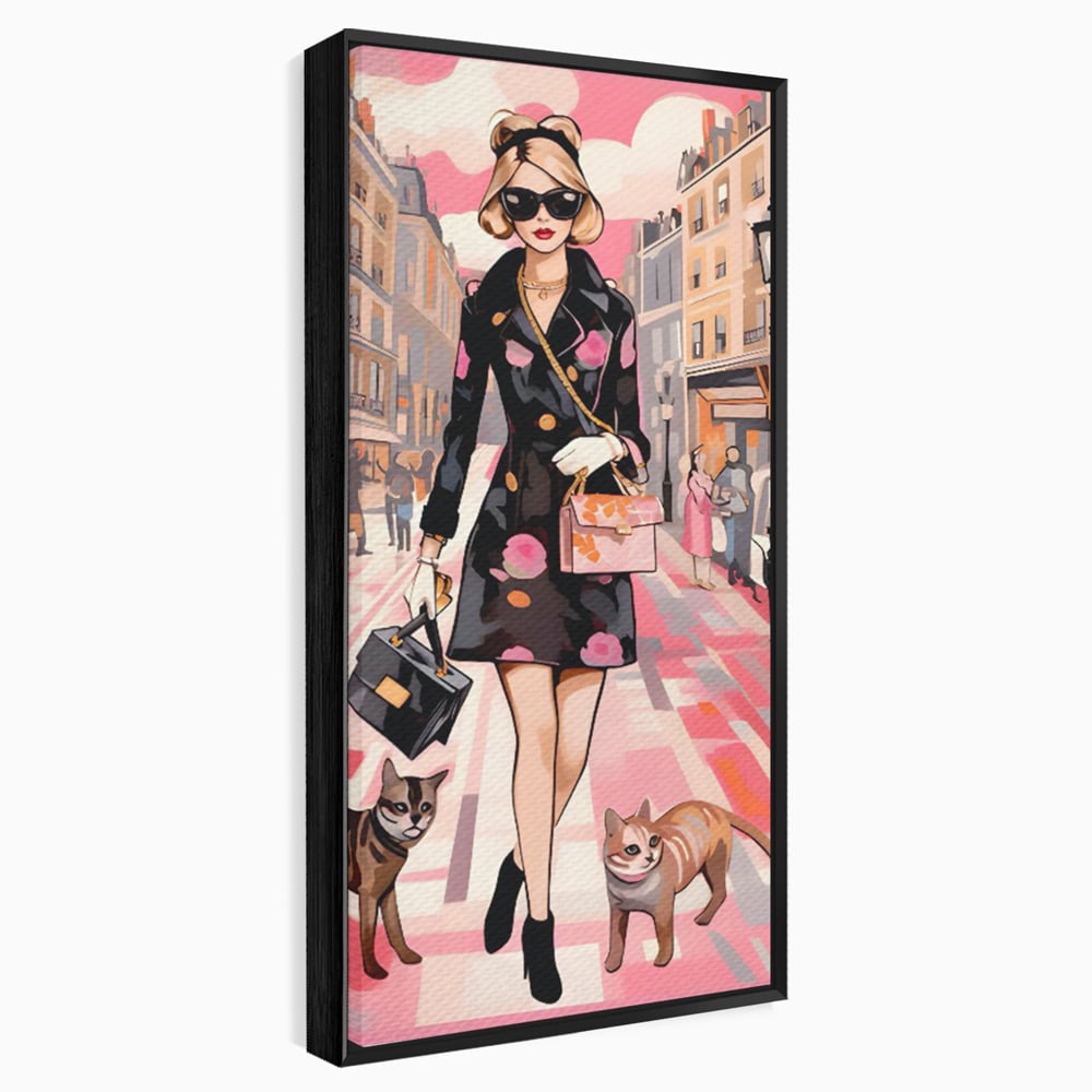 Tablou Canvas Premium LuxCanva® C1151, Lady Walking With Cats , Culori, Fashion, Animals, Beauty, Living Room, Bar, Relaxare, Culori Vibrante