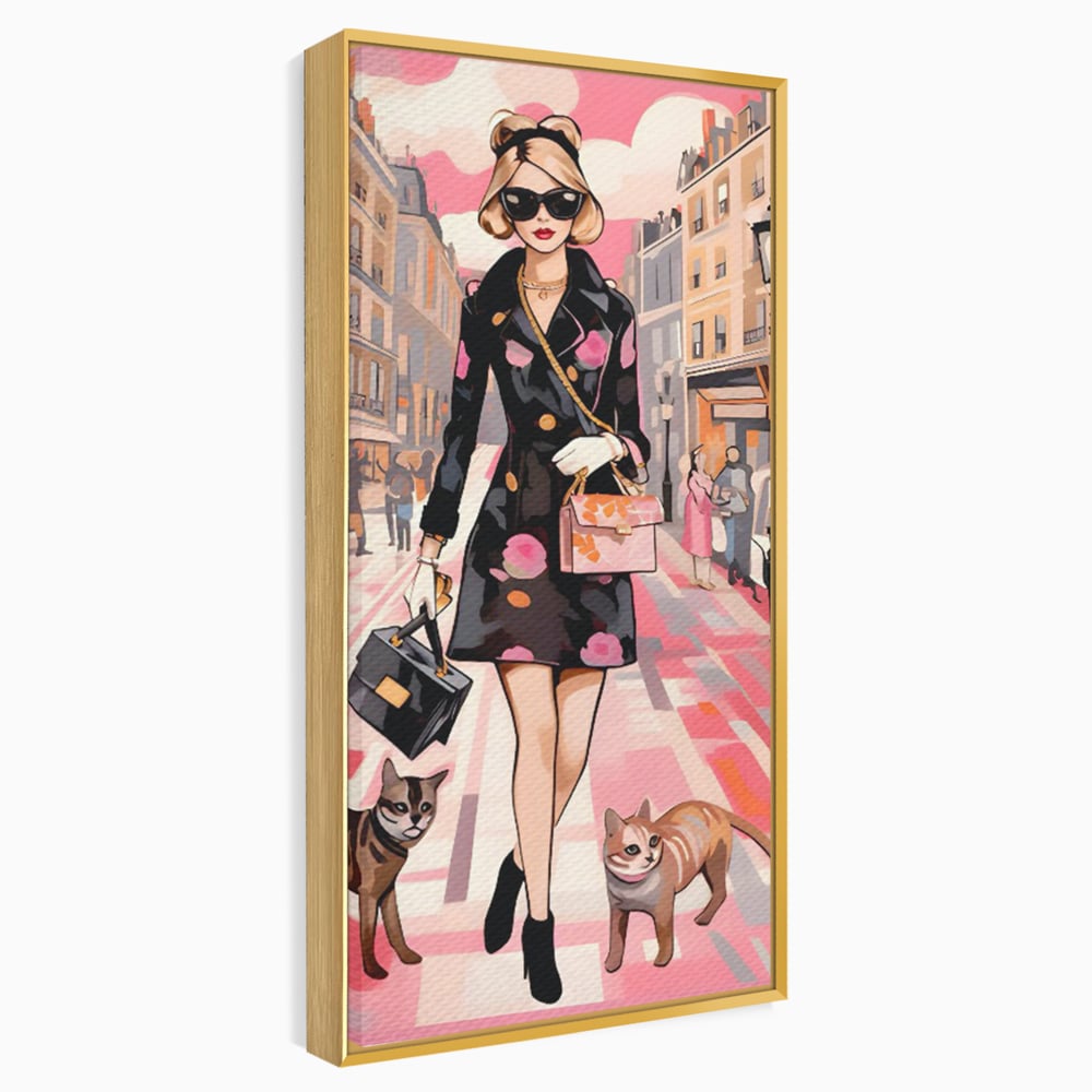 Tablou Canvas Premium LuxCanva® C1151, Lady Walking With Cats , Culori, Fashion, Animals, Beauty, Living Room, Bar, Relaxare, Culori Vibrante
