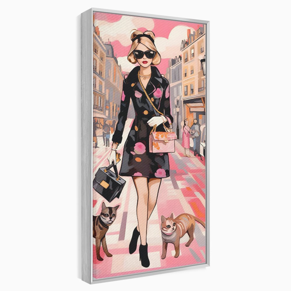 Tablou Canvas Premium LuxCanva® C1151, Lady Walking With Cats , Culori, Fashion, Animals, Beauty, Living Room, Bar, Relaxare, Culori Vibrante