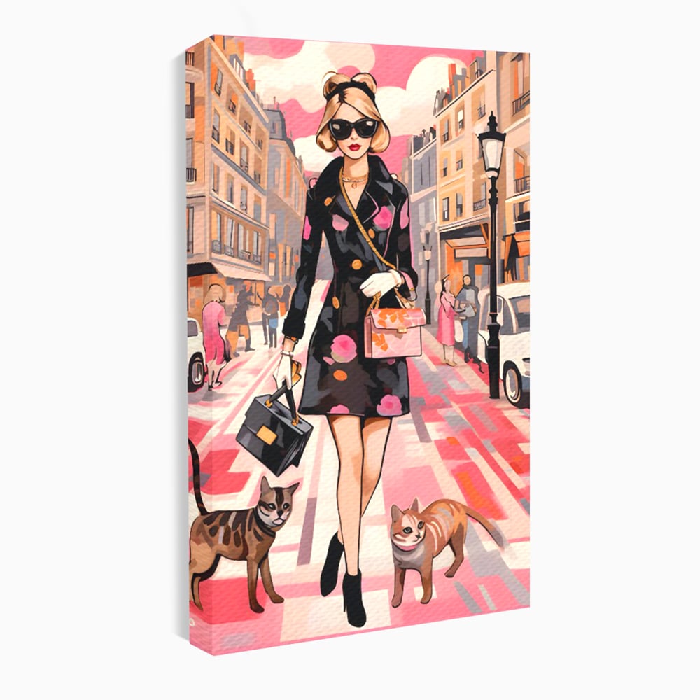 Tablou Canvas Premium LuxCanva® C1151, Lady Walking With Cats , Culori, Fashion, Animals, Beauty, Living Room, Bar, Relaxare, Culori Vibrante
