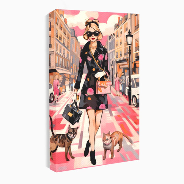 Tablou Canvas Premium LuxCanva® C1151, Lady Walking With Cats , Culori, Fashion, Animals, Beauty, Living Room, Bar, Relaxare, Culori Vibrante