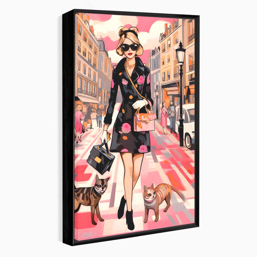Tablou Canvas Premium LuxCanva® C1151, Lady Walking With Cats , Culori, Fashion, Animals, Beauty, Living Room, Bar, Relaxare, Culori Vibrante