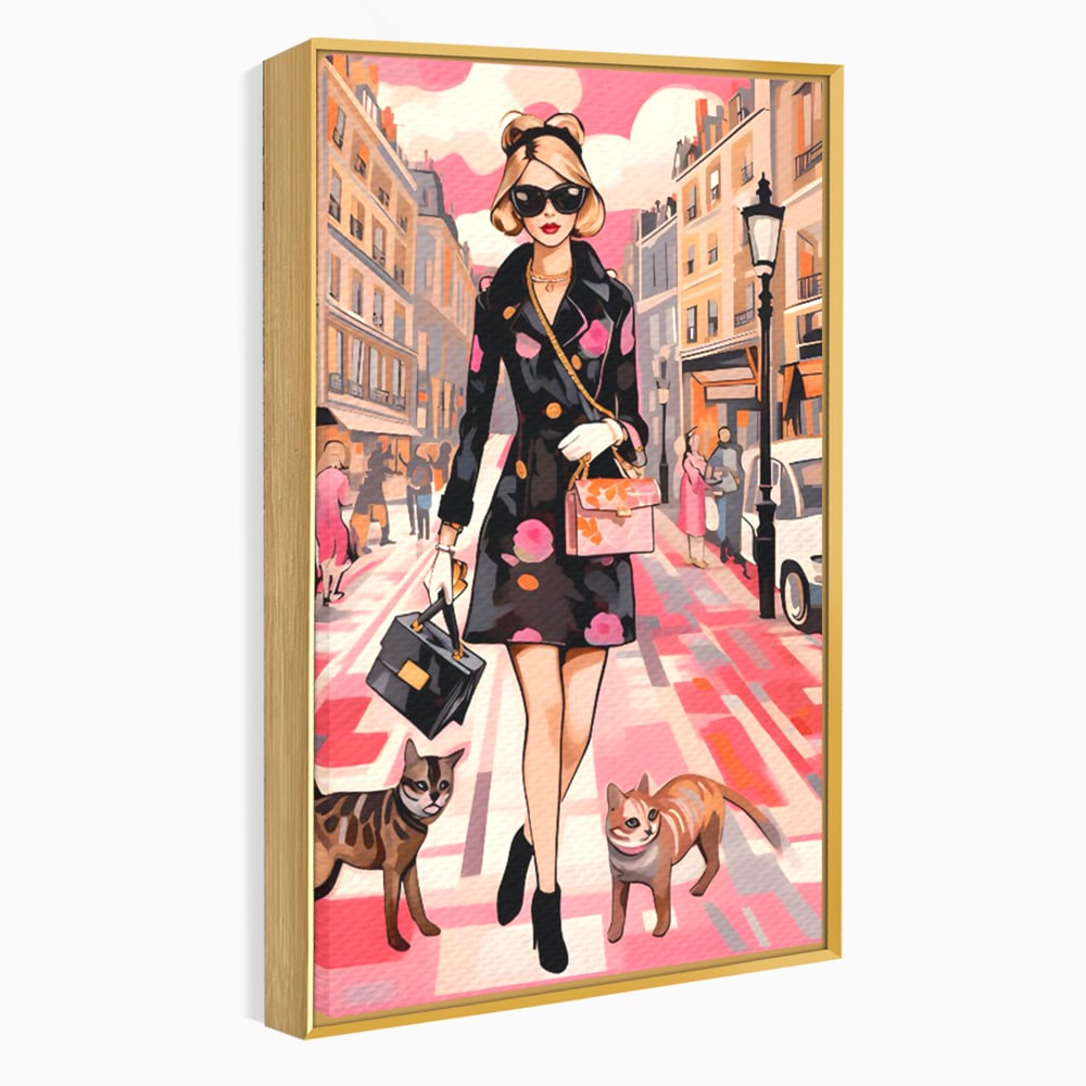Tablou Canvas Premium LuxCanva® C1151, Lady Walking With Cats , Culori, Fashion, Animals, Beauty, Living Room, Bar, Relaxare, Culori Vibrante